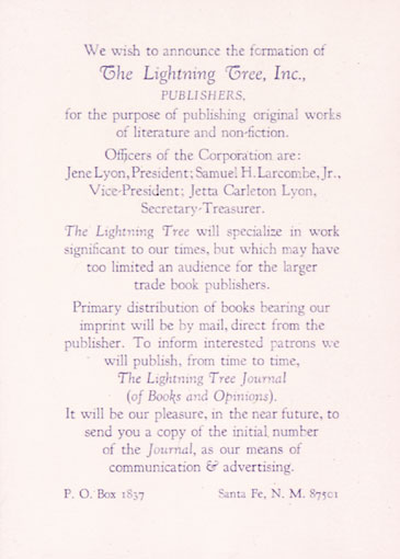 Announcement for the formation of The Lightning Tree, 1973